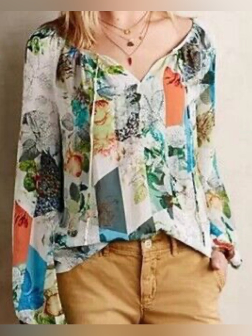 Anthropologie Multicolor Floral Patchwork V-Neck Blouse 100% Silk